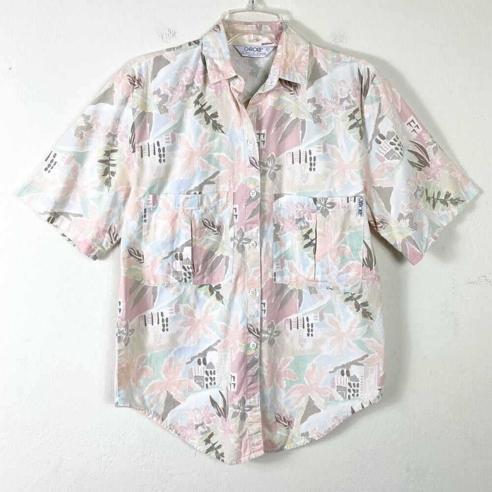 Vintage Cherokee Pastel Pink & Blue Floral Short Sleeve Button Up Shirt Size S
